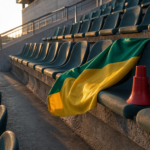 Megafone e bandeira anônima apoiados em assento de arquibancada vazia, luz de fim de tarde.