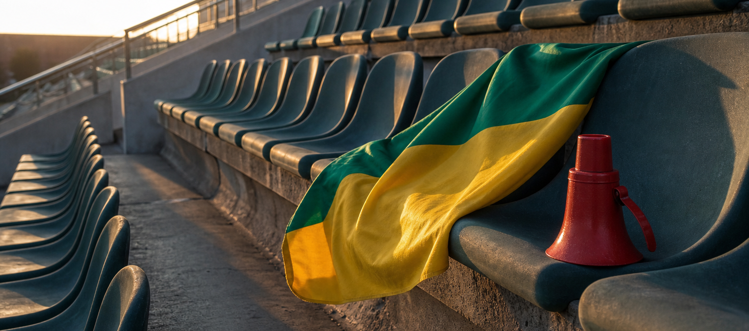 Megafone e bandeira anônima apoiados em assento de arquibancada vazia, luz de fim de tarde.