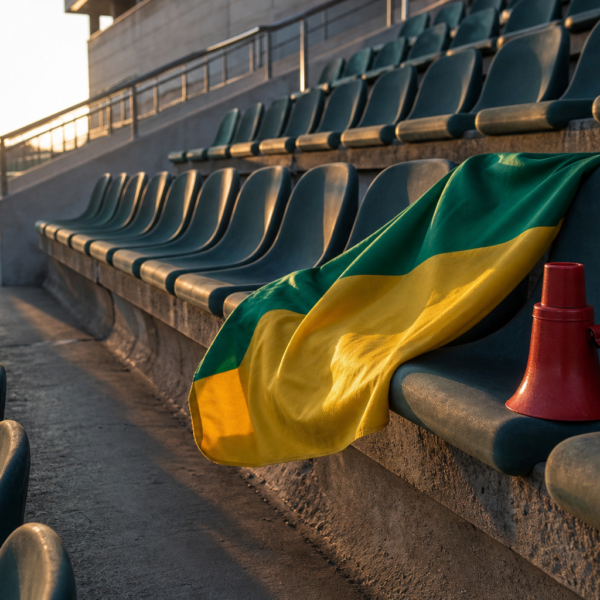 Megafone e bandeira anônima apoiados em assento de arquibancada vazia, luz de fim de tarde.