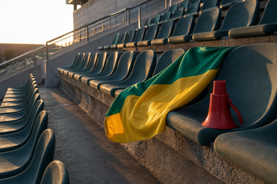 Megafone e bandeira anônima apoiados em assento de arquibancada vazia, luz de fim de tarde.
