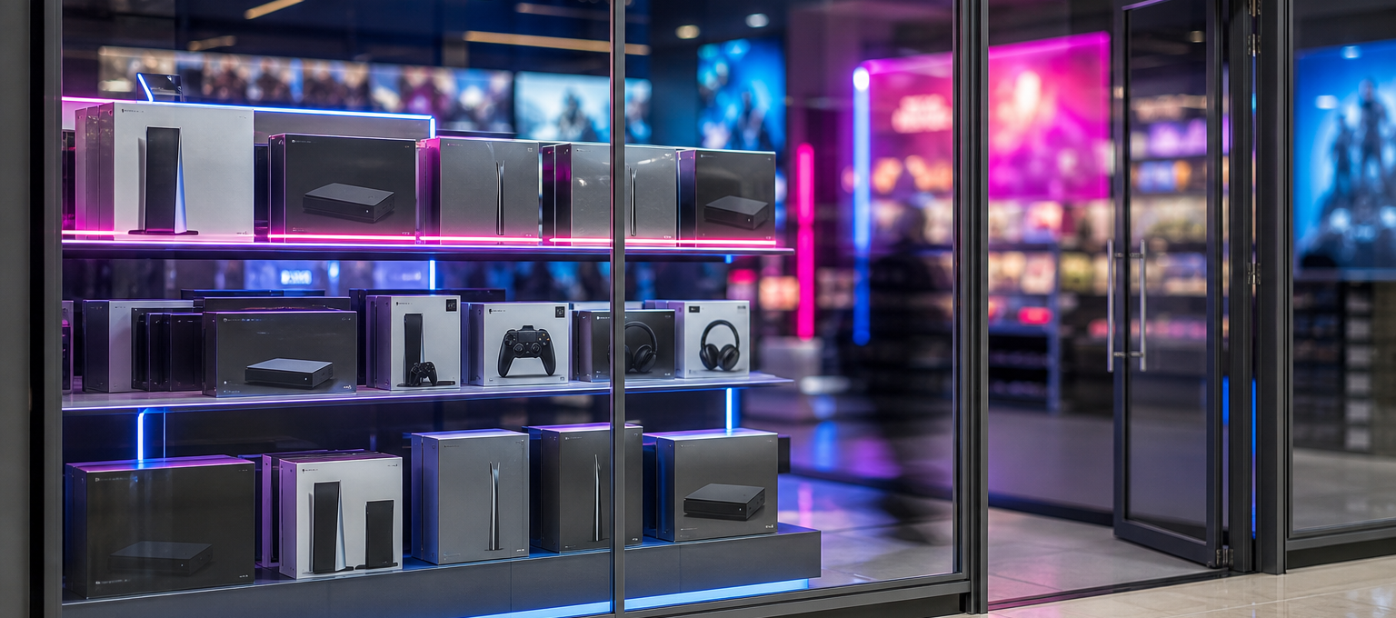 Vitrine de loja de videogames no Brasil com caixas de consoles e luz de shopping, pronta para reposição.