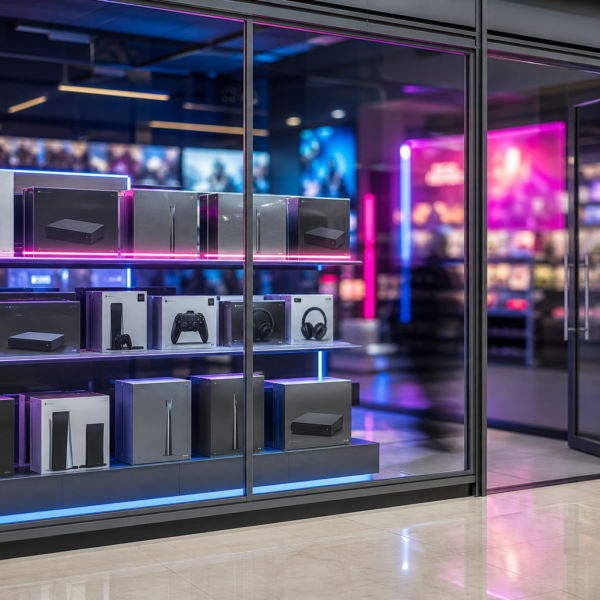 Vitrine de loja de videogames no Brasil com caixas de consoles e luz de shopping, pronta para reposição.