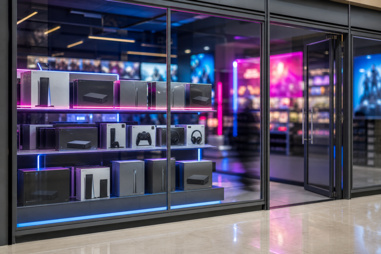 Vitrine de loja de videogames no Brasil com caixas de consoles e luz de shopping, pronta para reposição.