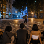 Praça pública à noite com roda de jovens assistindo a um campeonato de farmar aura, iluminação simples e cenário improvisado.