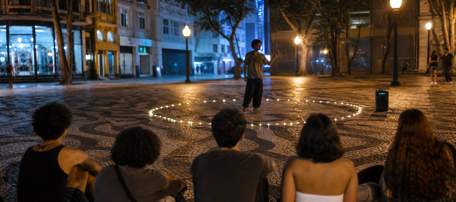 Praça pública à noite com roda de jovens assistindo a um campeonato de farmar aura, iluminação simples e cenário improvisado.