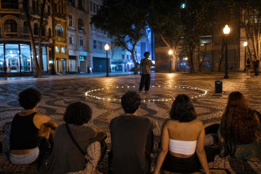 Praça pública à noite com roda de jovens assistindo a um campeonato de farmar aura, iluminação simples e cenário improvisado.