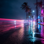 Avenida noturna com néons rosa e azul refletindo no asfalto molhado, vitrines anônimas iluminadas em clima de cidade costeira.