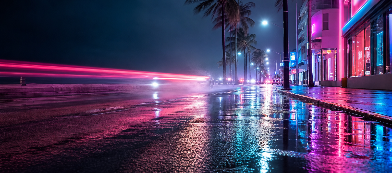 Avenida noturna com néons rosa e azul refletindo no asfalto molhado, vitrines anônimas iluminadas em clima de cidade costeira.