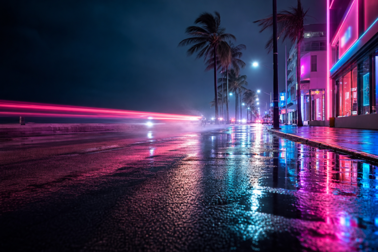 Avenida noturna com néons rosa e azul refletindo no asfalto molhado, vitrines anônimas iluminadas em clima de cidade costeira.