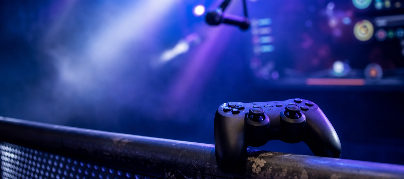 Palco com luzes coloridas, joystick e microfone sugerindo karaokê dentro de jogo, sem marcas visíveis.