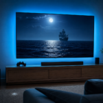 Sala de estar com TV exibindo oceano noturno e silhueta de navio pirata genérico, luz azul e cenário de jogo sem marcas.