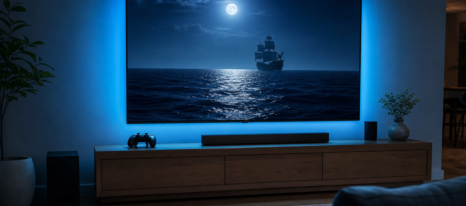 Sala de estar com TV exibindo oceano noturno e silhueta de navio pirata genérico, luz azul e cenário de jogo sem marcas.