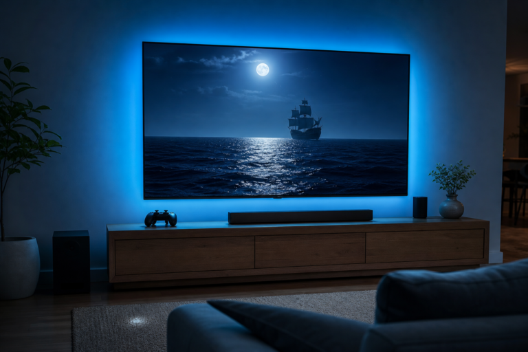 Sala de estar com TV exibindo oceano noturno e silhueta de navio pirata genérico, luz azul e cenário de jogo sem marcas.