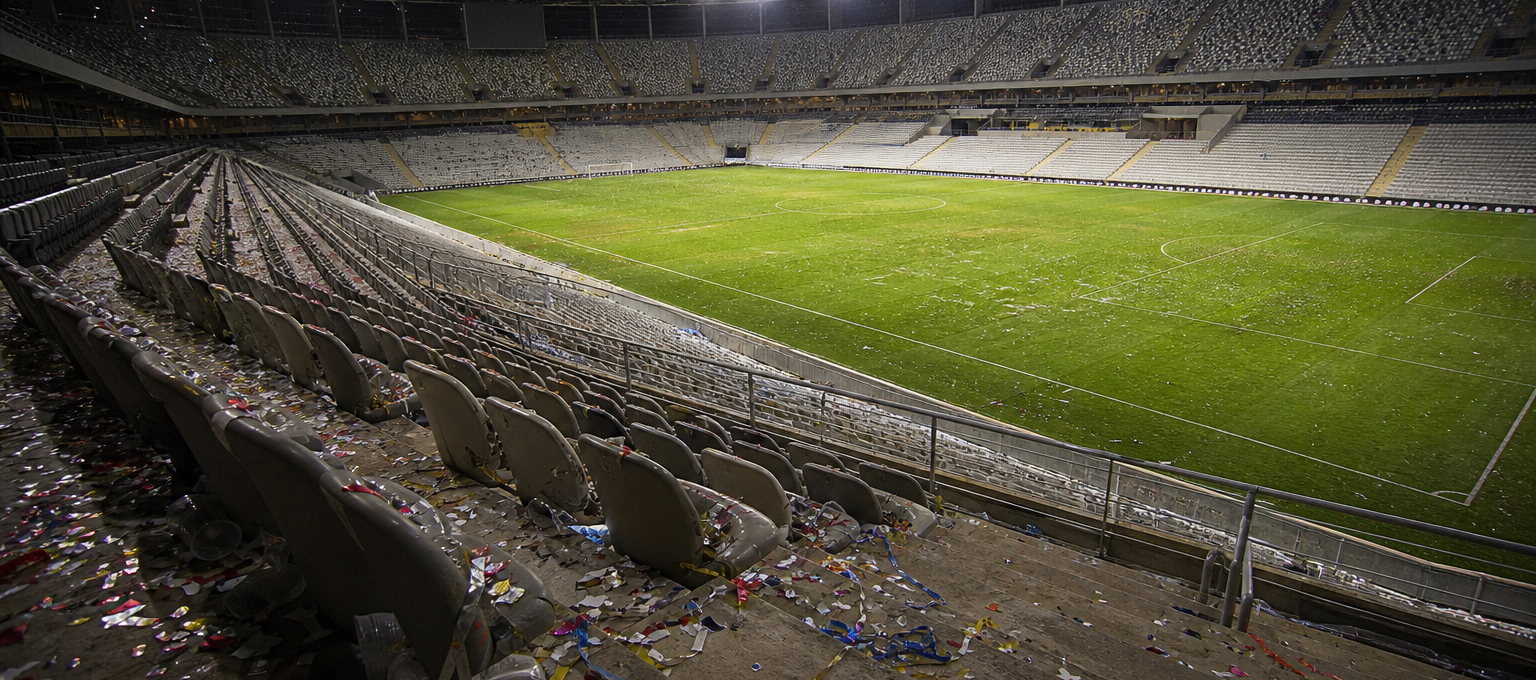 Arquibancadas vazias com confetes após a final da Copa
