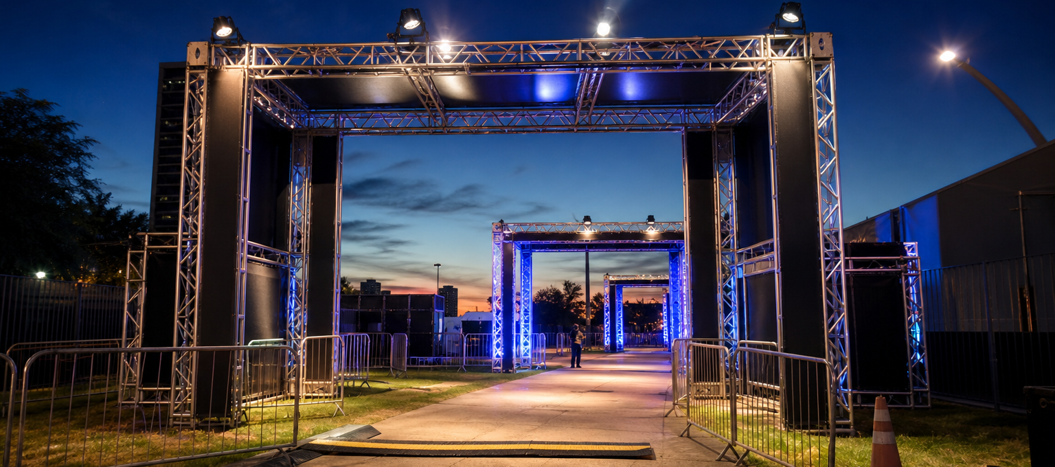 Entrada iluminada de um grande festival de música à noite, com estruturas e público ao fundo sem marcas visíveis.