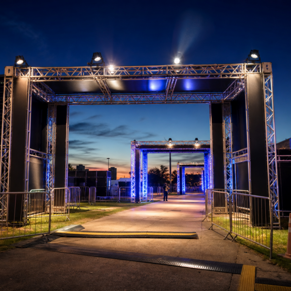Entrada iluminada de um grande festival de música à noite, com estruturas e público ao fundo sem marcas visíveis.