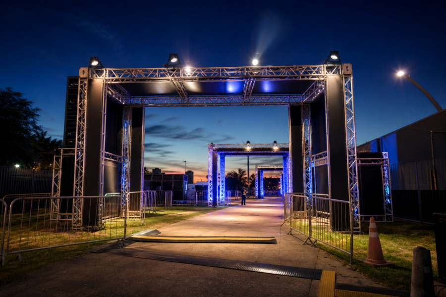 Entrada iluminada de um grande festival de música à noite, com estruturas e público ao fundo sem marcas visíveis.